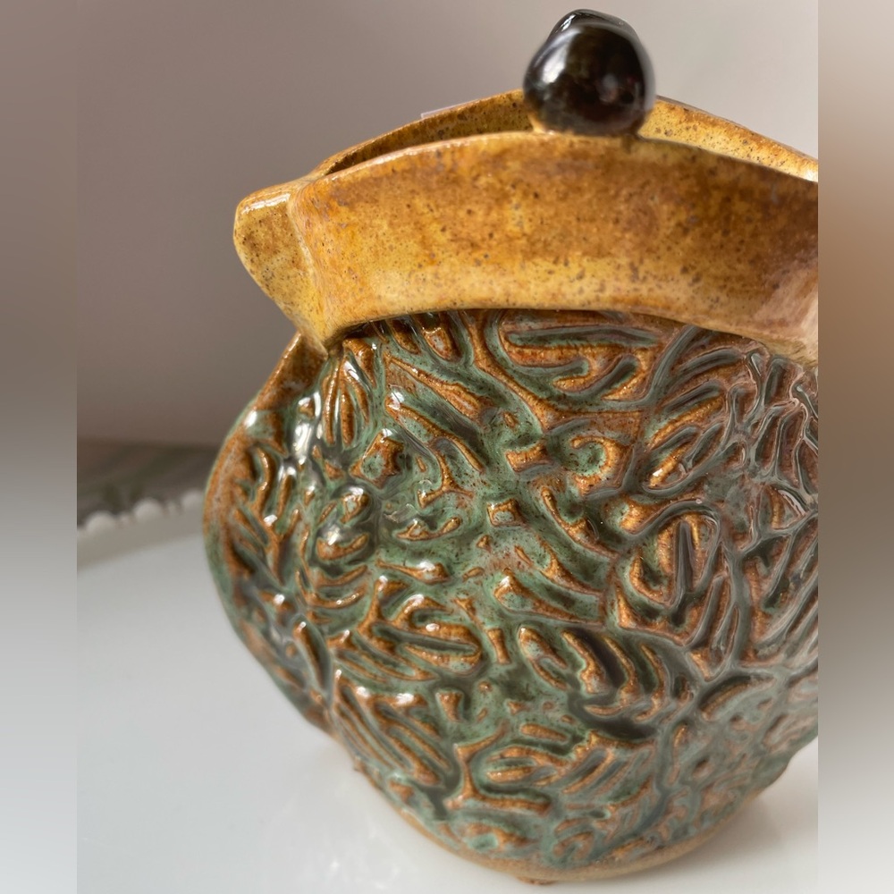 Handcrafted Stoneware Purse Vase with Green and Brown Glaze Signed by Artist - Picture 4 of 17